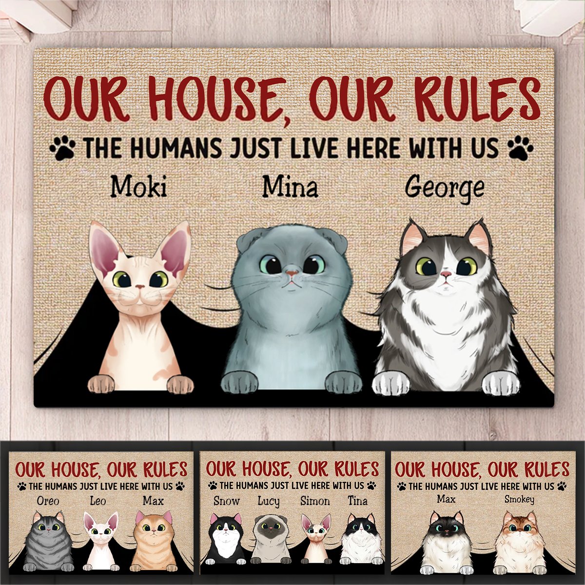 Cat Lovers - Our House Our Rules The Human Just Lives Here With Us - Personalized Doormat - Makezbright Gifts