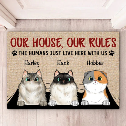 Cat Lovers - Our House Our Rules The Human Just Lives Here With Us - Personalized Doormat - Makezbright Gifts