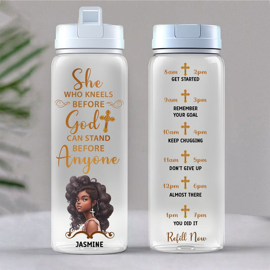 Christian - She Who Kneels Before God Can Stand Before Anyone - Personalized Water Tracker Bottle - Makezbright Gifts