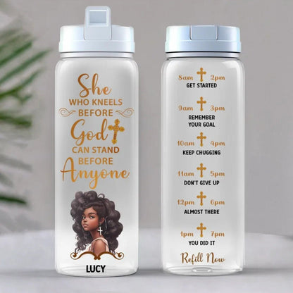 Christian - She Who Kneels Before God Can Stand Before Anyone - Personalized Water Tracker Bottle - Makezbright Gifts