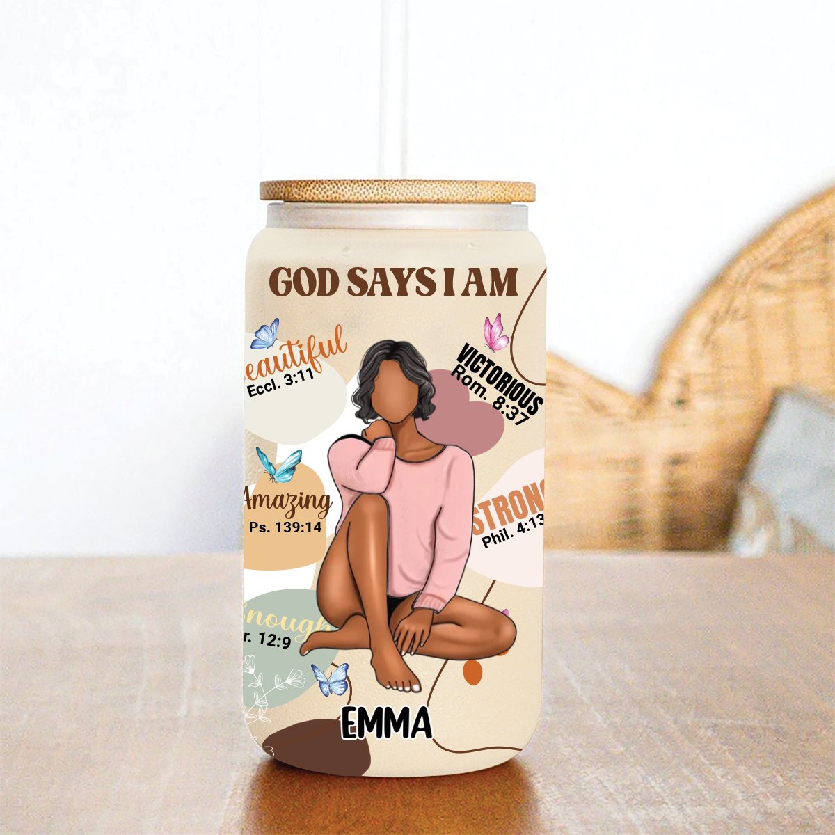 Christian Woman - God Says I Am - Personalized Glass Can - Makezbright Gifts