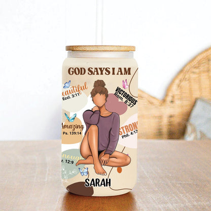 Christian Woman - God Says I Am - Personalized Glass Can - Makezbright Gifts