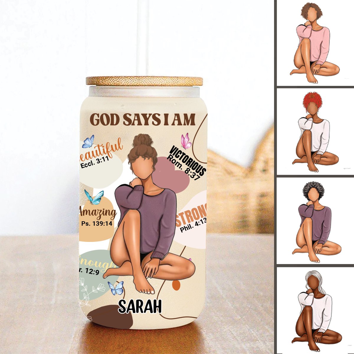 Christian Woman - God Says I Am - Personalized Glass Can - Makezbright Gifts