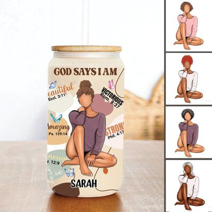 Christian Woman - God Says I Am - Personalized Glass Can - Makezbright Gifts