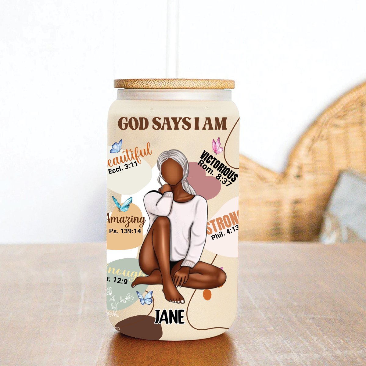 Christian Woman - God Says I Am - Personalized Glass Can - Makezbright Gifts