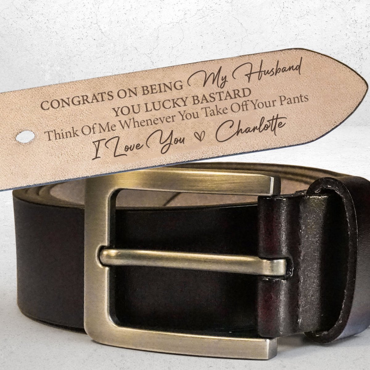 Couple - Congrats On Being My Husband You Lucky Bastard - Personalized Engraved Leather Belt (HJ) - Makezbright Gifts