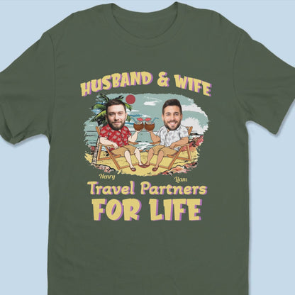 Custom Photo Husband And Wife Travel Partners For Life Vacation - Personalized Unisex T - shirt, Hoodie, Sweatshirt - Makezbright Gifts