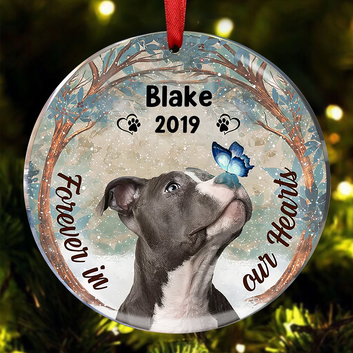 Dog Lovers - Forever In Our Hearts Pitbull Dog - Personalized Circle Ornament - Makezbright Gifts