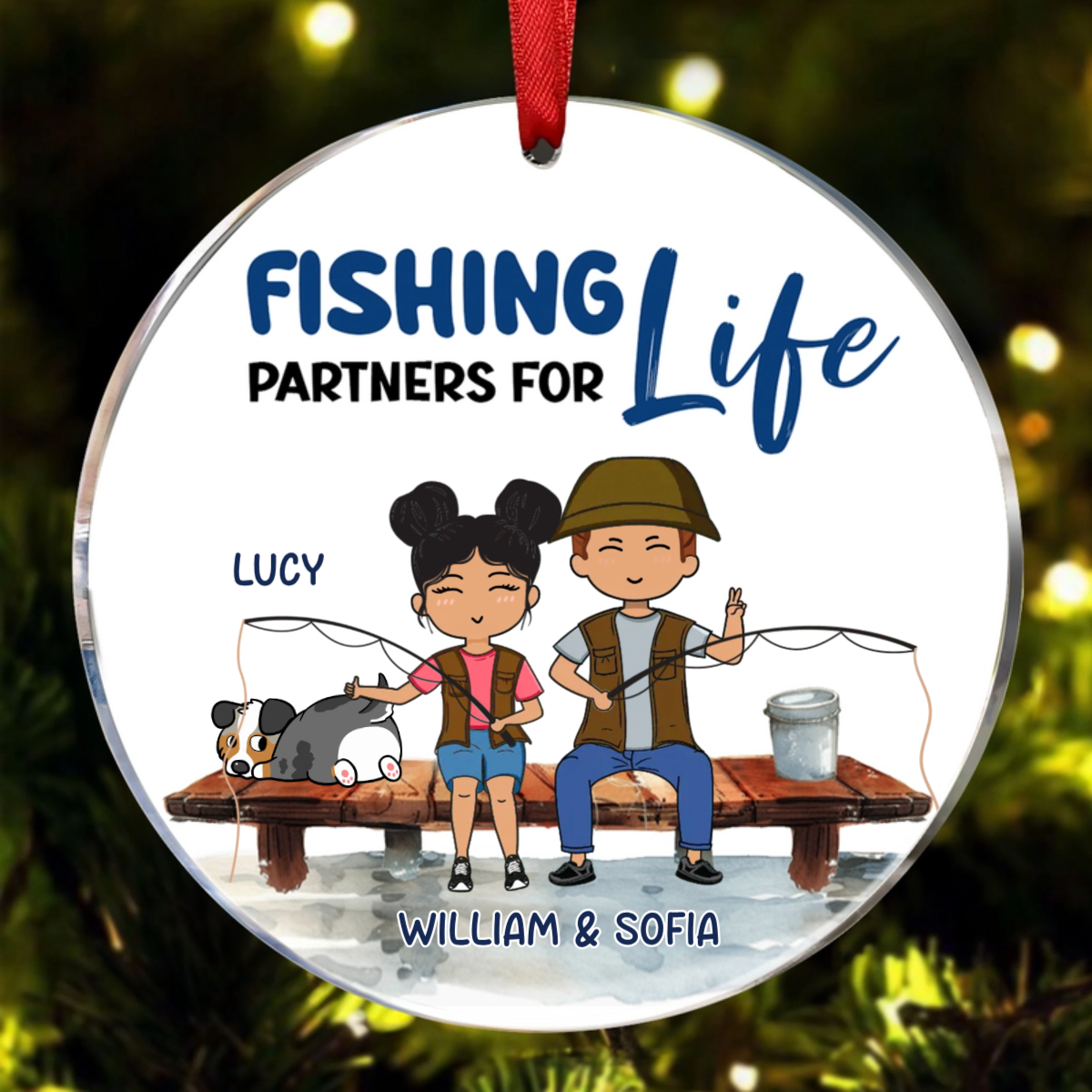 Fishing Partners Chibi Couple and Dog Personalized Circle Ornament