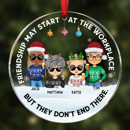 Friendships May Start At The Workplace Christmas Colleagues Chibi - Personalized Circle Acrylic Ornament