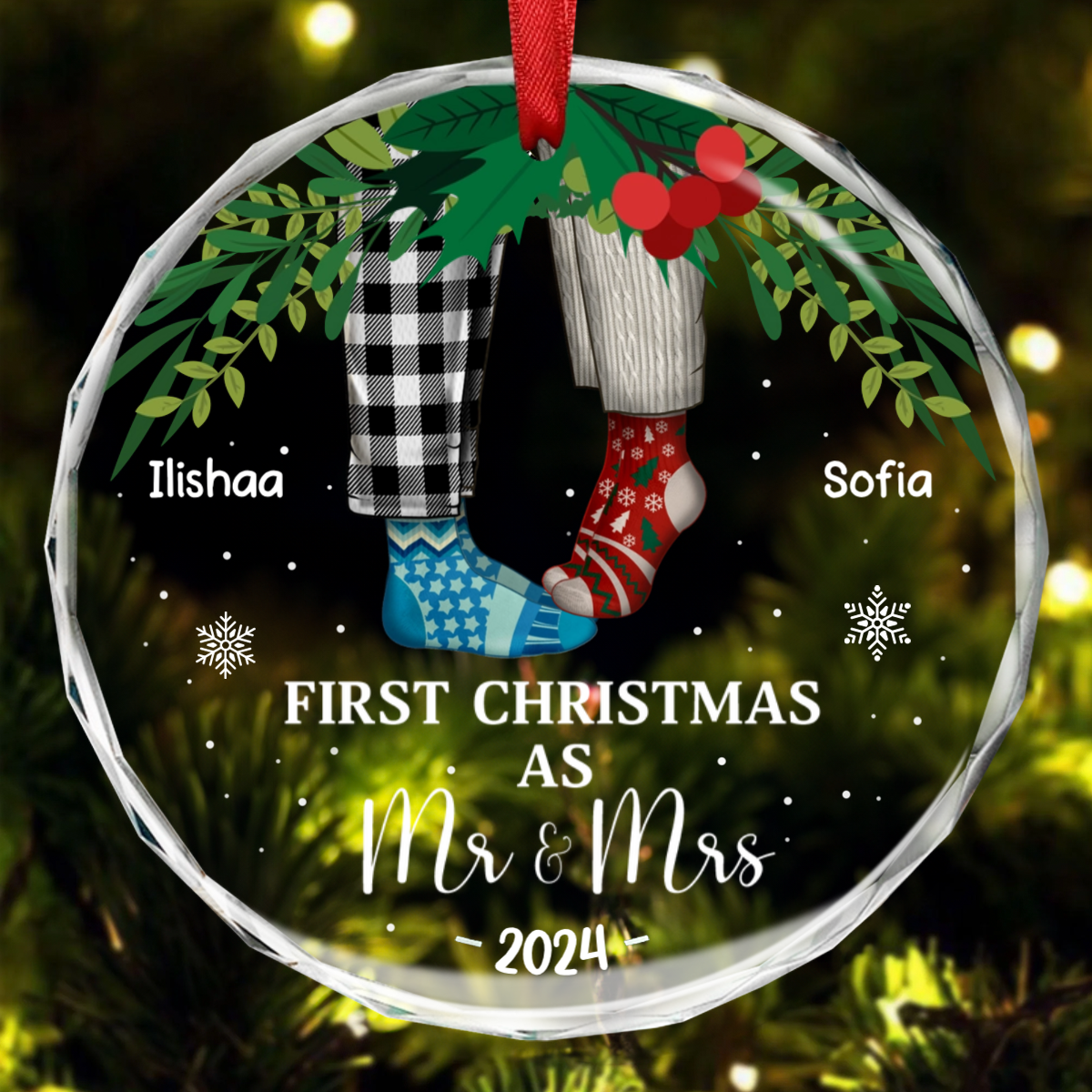 First Christmas As Mr & Mrs Christmas Socks Couple - Personalized Circle Acrylic Ornament