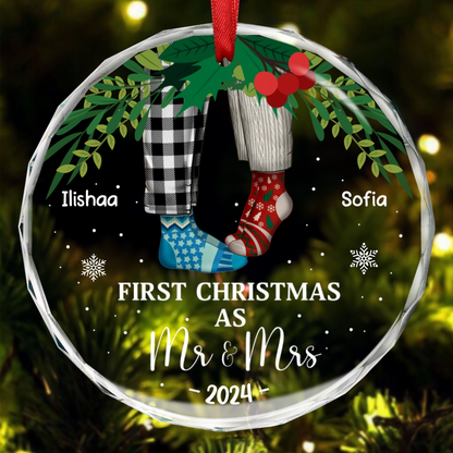 First Christmas As Mr & Mrs Christmas Socks Couple - Personalized Circle Acrylic Ornament