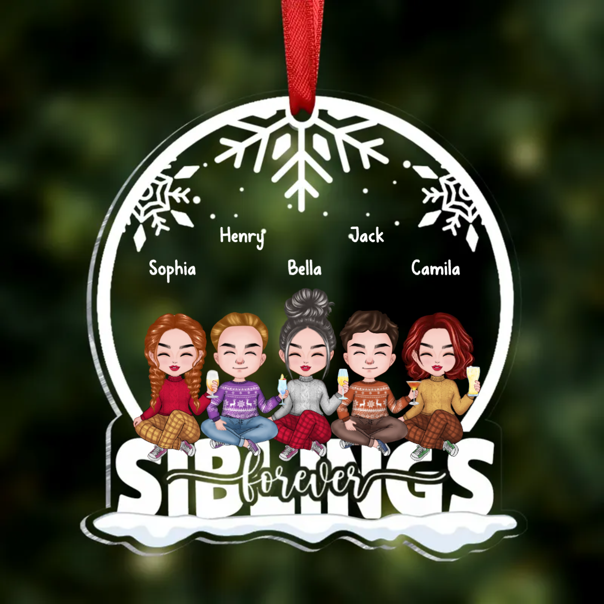 Family Where Love Never Ends - Family Personalized Custom Ornament - Acrylic Snow Globe Shaped - Christmas Gift For Siblings, Brothers, Sisters, Cousins, Friends