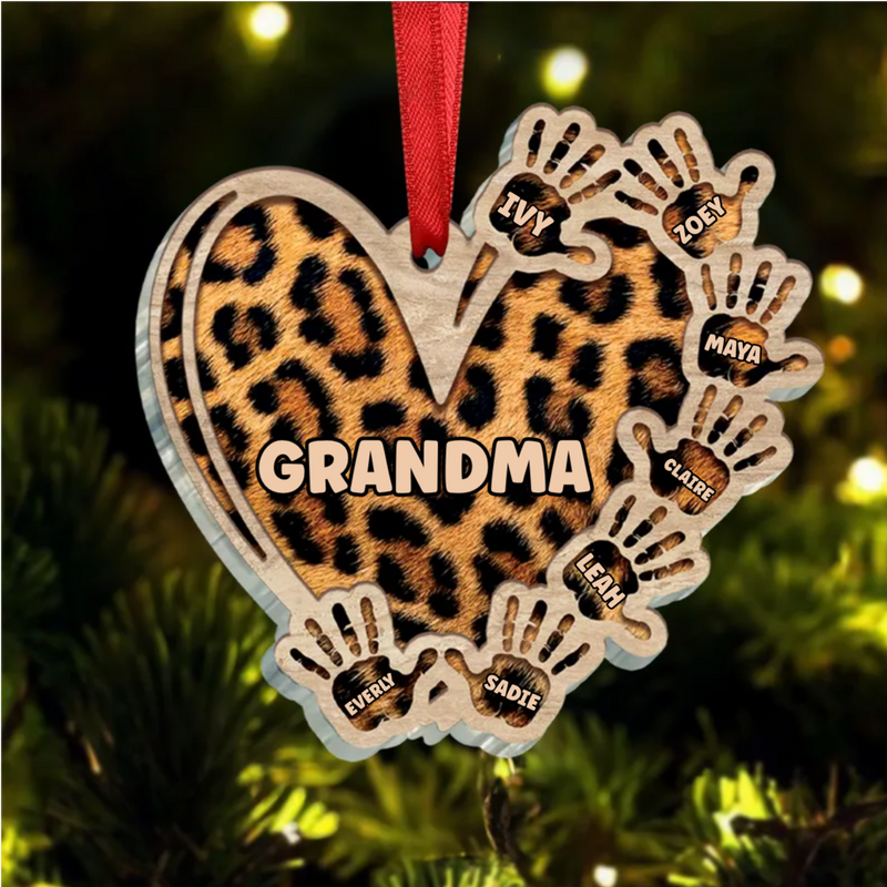 Family - Grandma Mom Heart Hand Print - Personalized Ornament