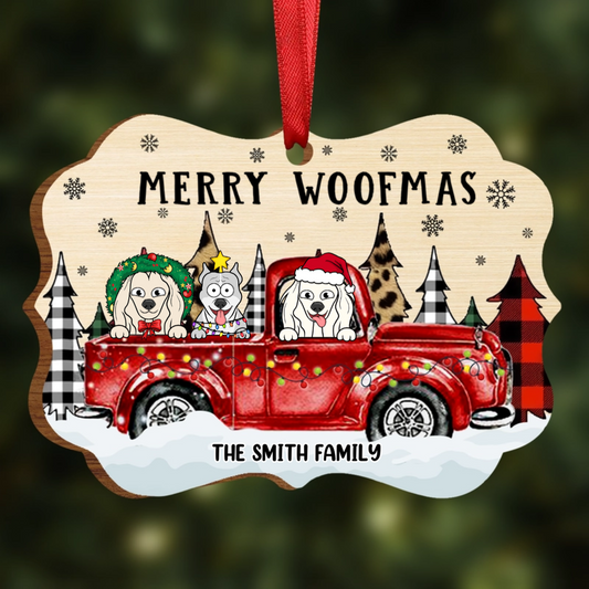 Merry Woofmas Dog Lovers Red Truck - Personalized Wooden Ornament