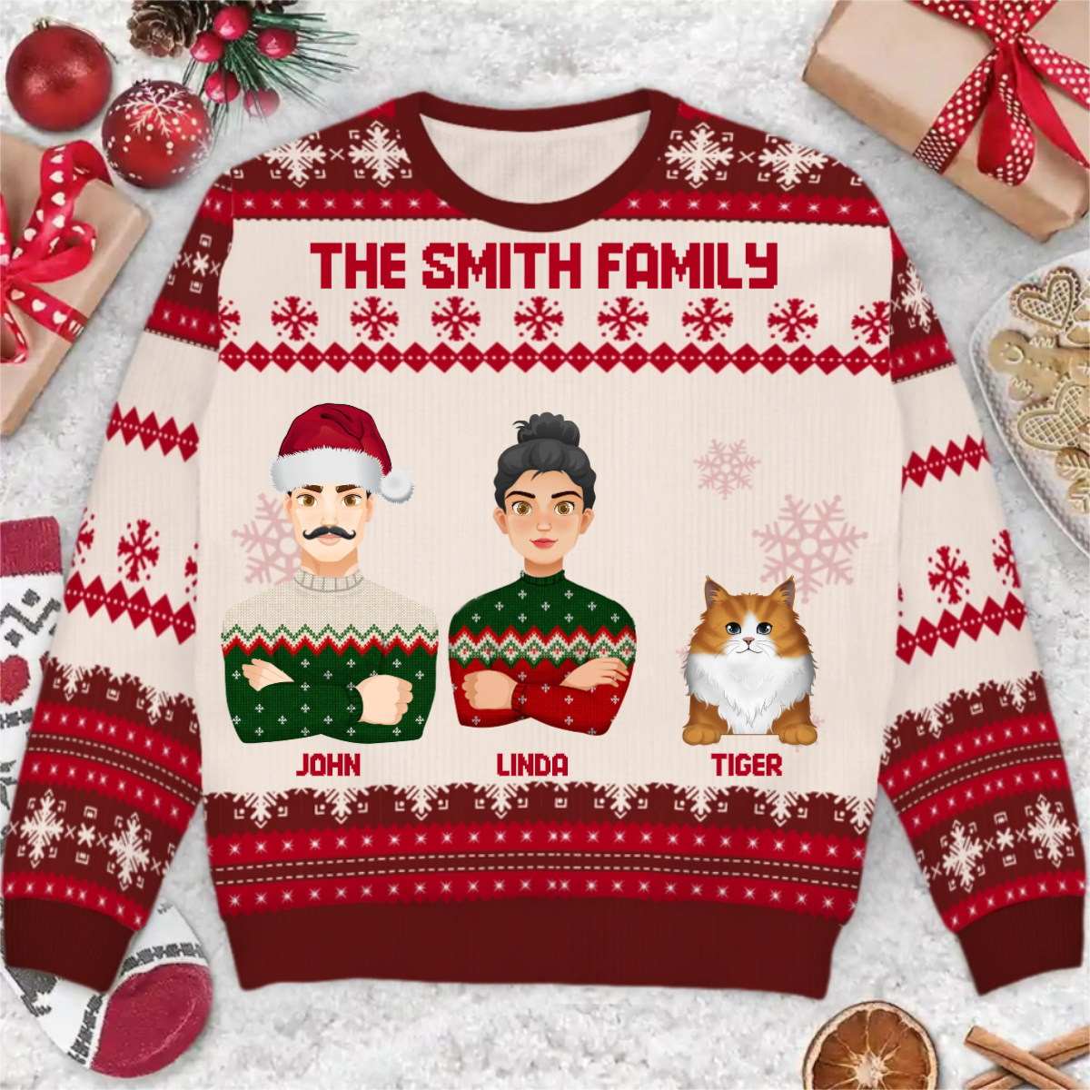 Flat Art Semi-real Pet - Christmas, Funny Gift For Family, Couple, Parents, Grandparents, Dog, Cat Lovers - Personalized Unisex Ugly Sweater