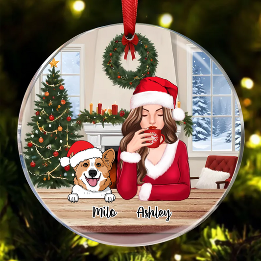 Dog Mom With Peeking Dogs Christmas Personalized Circle Ornament