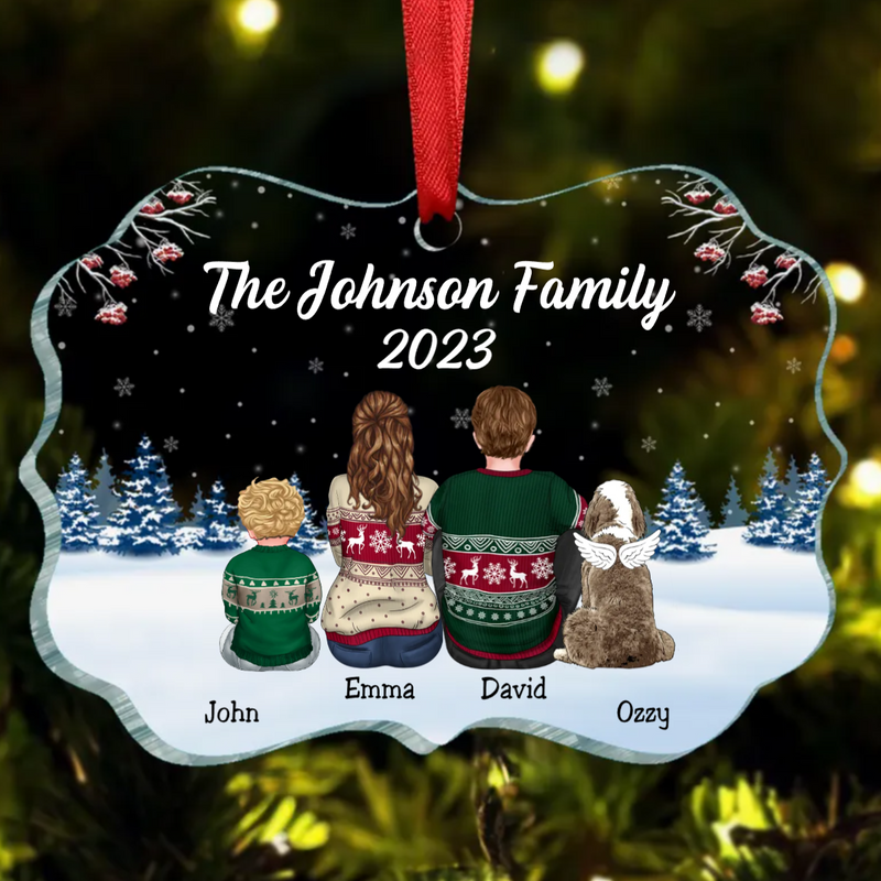 Family - Dad Mom Kids Dogs Cats Snow Background - Personalized Acrylic Ornament