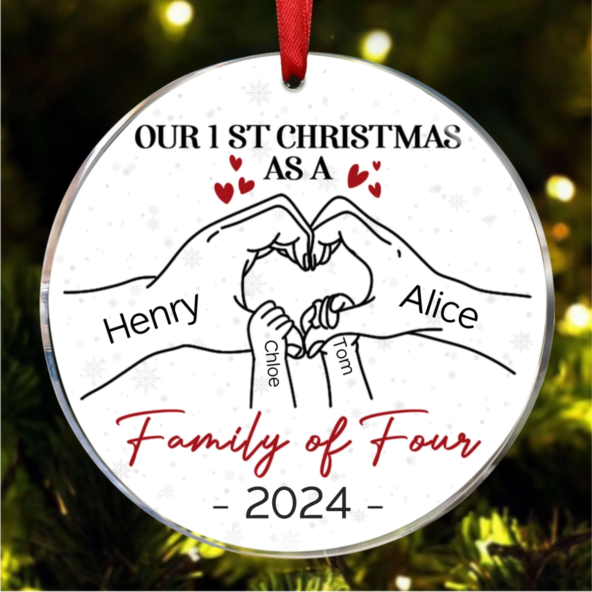 First Christmas As A Family Of Three Hand Heart - Personalized Circle Acrylic Ornament