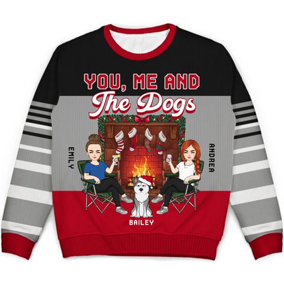 Fireplace You, Me And The Dog - Personalized Unisex Ugly Sweater