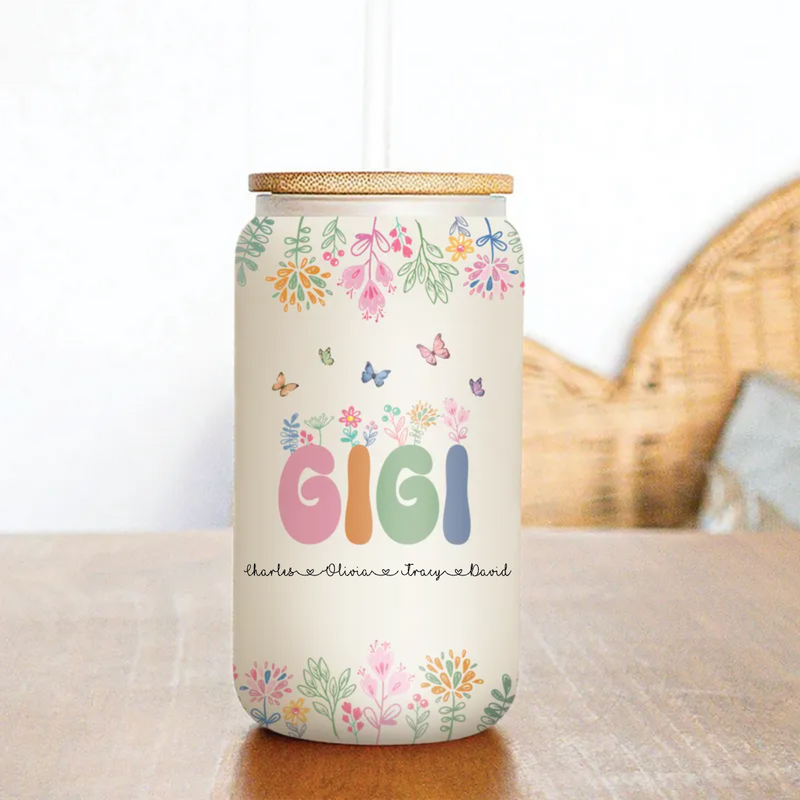 Mother - Mama Grandma Mimi Gigi Floral With Kids Names - Personalize Glass Can (HJ)
