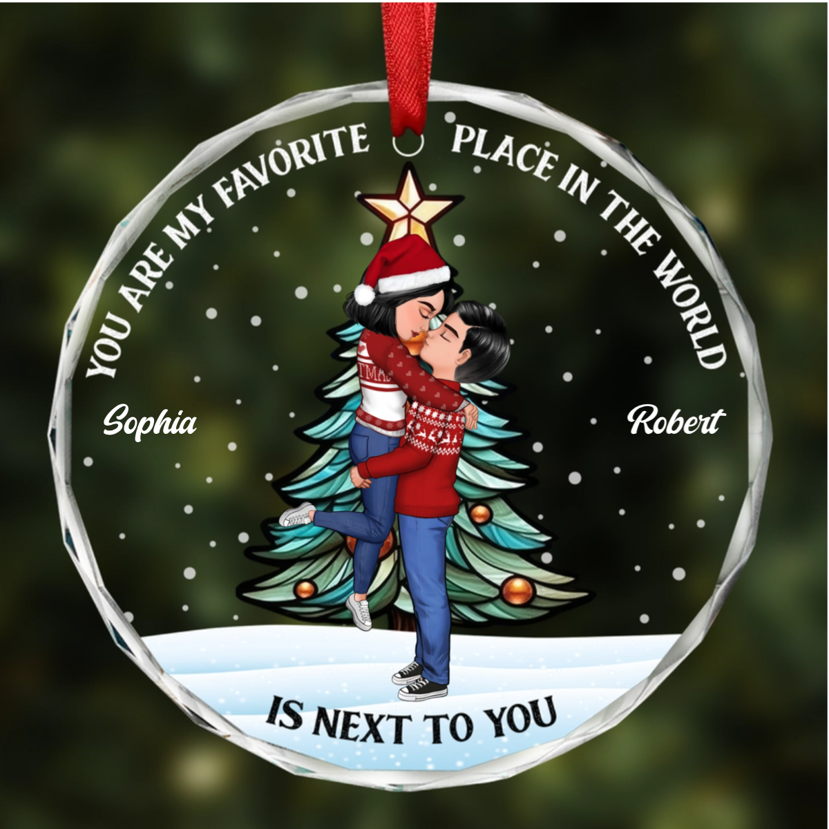 Christmas Couple Kissing My Favorite Place In All The World - Personalized Circle Ornament