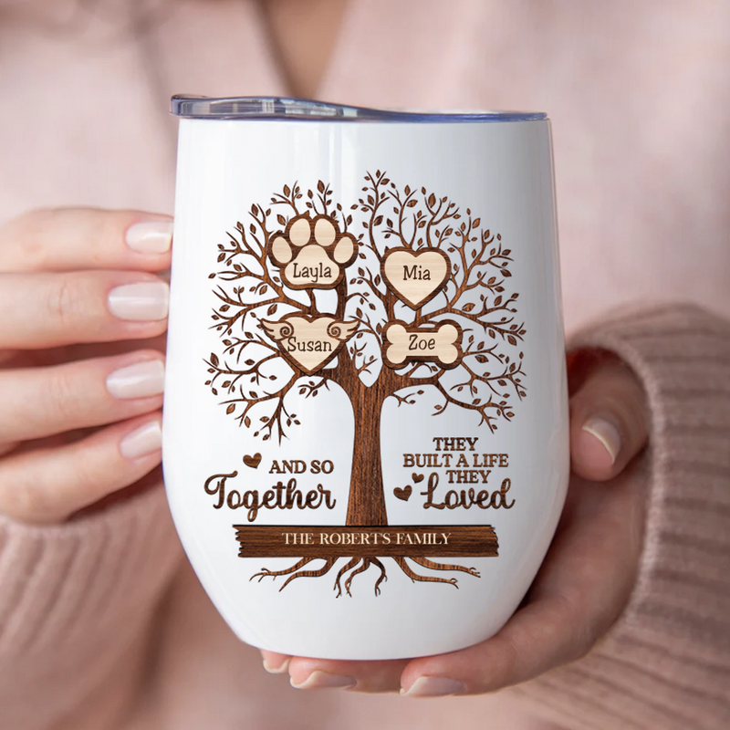Family - Christmas Family Tree And So Together They Built A Life They Loved - Personalized Wine Tumbler (BU)