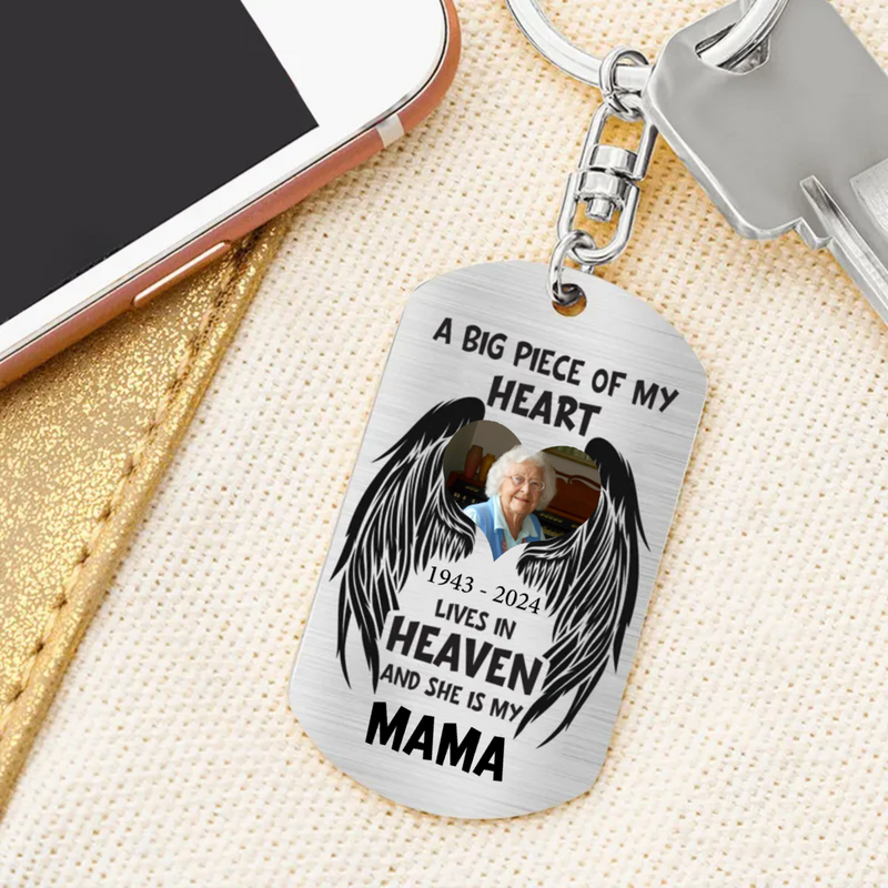 Family - Custom Photo A Big Piece Of My Heart Lives In Heaven - Personalized Engraved Stainless Steel Keychain (HJ)