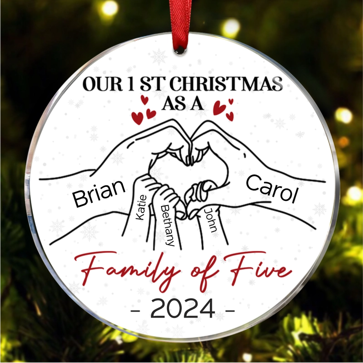 First Christmas As A Family Of Three Hand Heart - Personalized Circle Acrylic Ornament