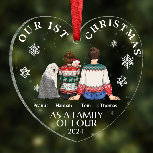 First Christmas As A Family Of Three New Parents - Personalized Heart Shaped Acrylic Ornament