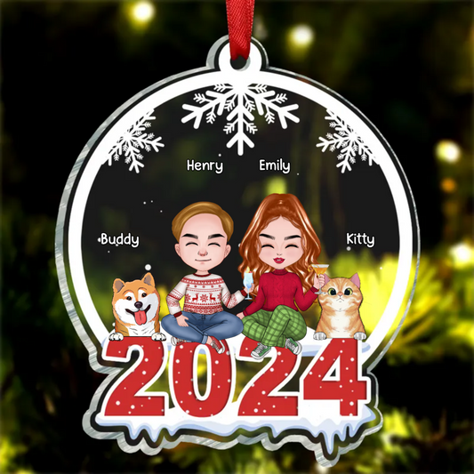 Couple & Pets Merry Christmas - Dog & Cat Personalized Custom Ornament - Acrylic Snow Globe Shaped - Christmas Gift For Pet Owners, Pet Lovers