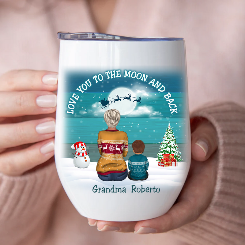 Family - Blue Palette Moon Grandma & Grandkids Back View - Personalized Wine Tumbler (LH)