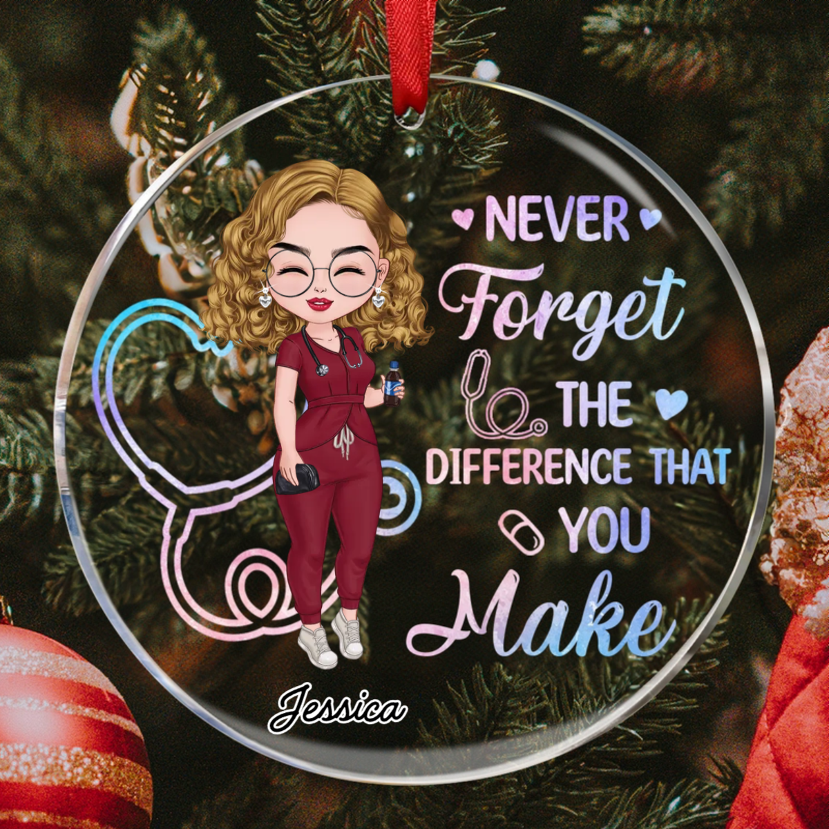 Nurse Never Forget The Difference That You Make - Personalized Circle Glass Ornament