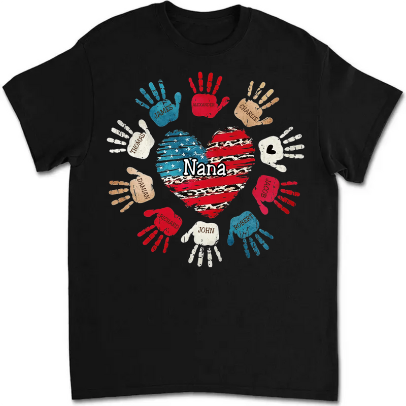 Grandma - 4th of July Leopard Nana Mom Kids Heart Hand To Hand - Personalized T-Shirt