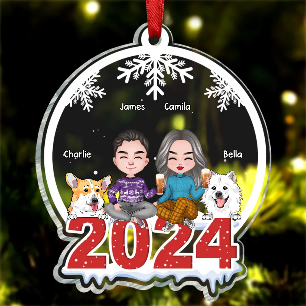 Couple & Pets Merry Christmas - Dog & Cat Personalized Custom Ornament - Acrylic Snow Globe Shaped - Christmas Gift For Pet Owners, Pet Lovers