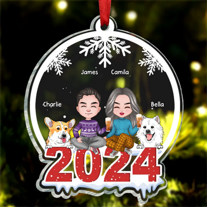 Couple & Pets Merry Christmas - Dog & Cat Personalized Custom Ornament - Acrylic Snow Globe Shaped - Christmas Gift For Pet Owners, Pet Lovers