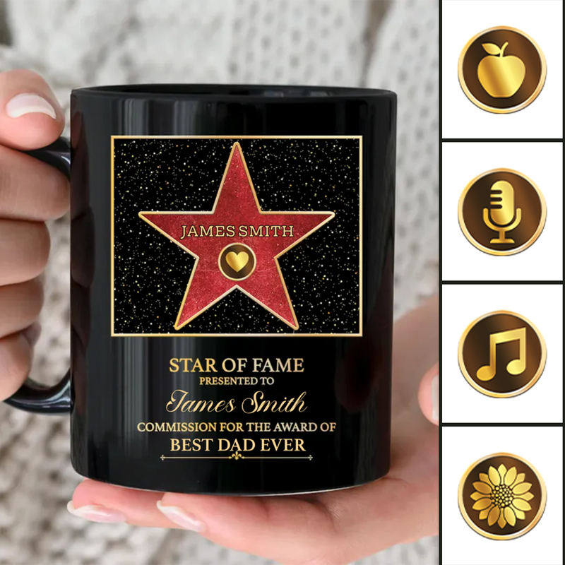 Family - Star Of Fame, Best Dad Ever - Personalized Black Mug
