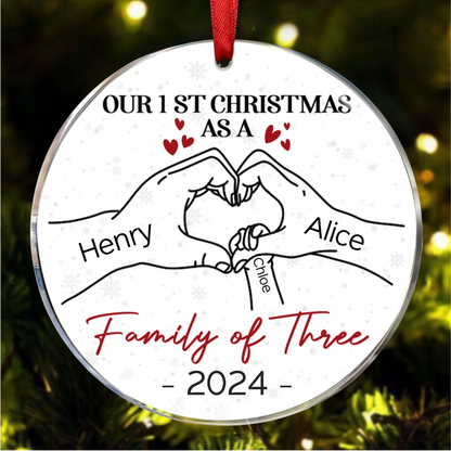 First Christmas As A Family Of Three Hand Heart - Personalized Circle Acrylic Ornament