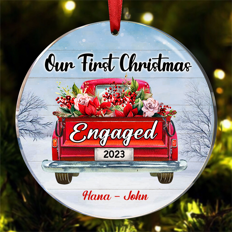 Couple - Red Truck Our First Christmas Engaged - Personalized Christmas Ornament