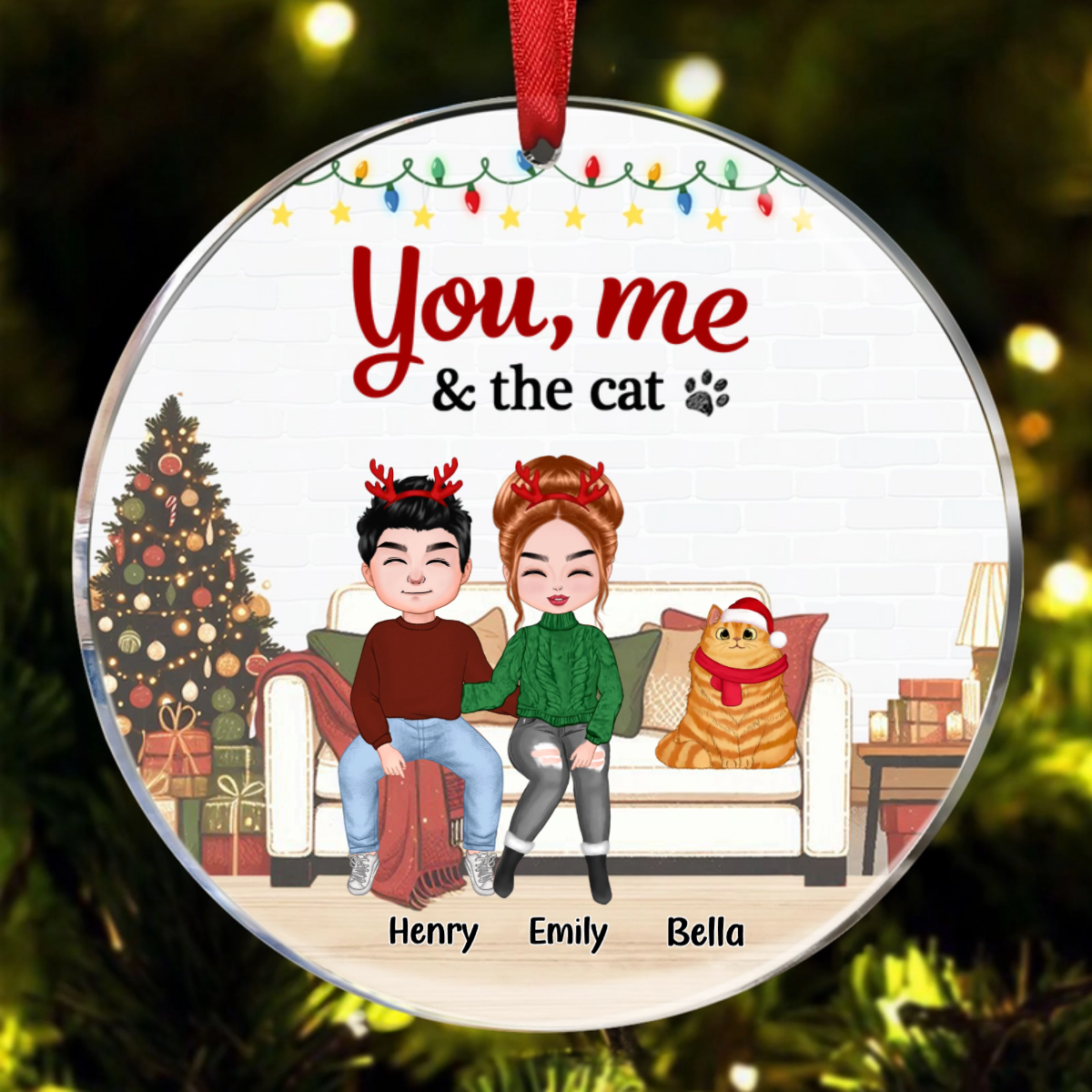 You Me & The Cats On Sofa Christmas Personalized Circle Ornament