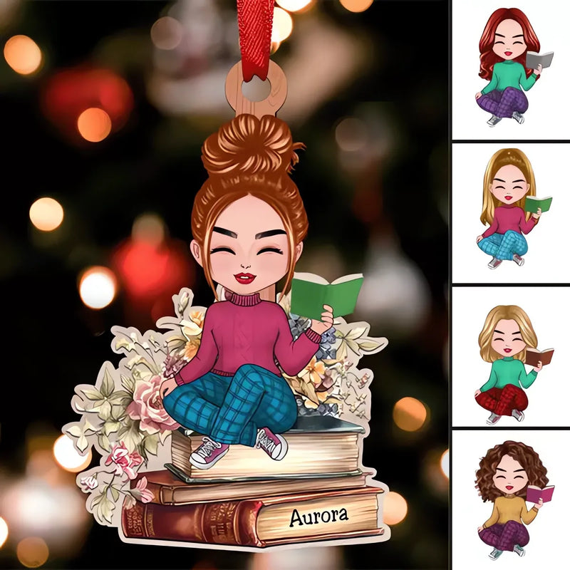 Book Lovers - Reading Girls Sitting On Books - Personalized Acrylic Ornament
