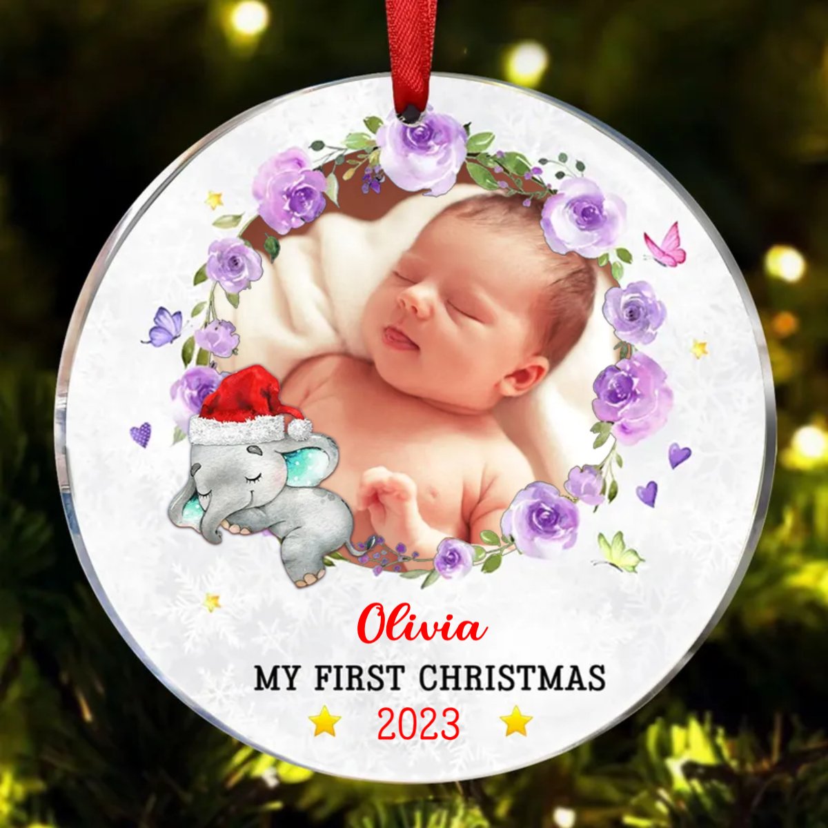 Family - Baby's First Christmas Elephant - Personalized Circle Ornament - Makezbright Gifts