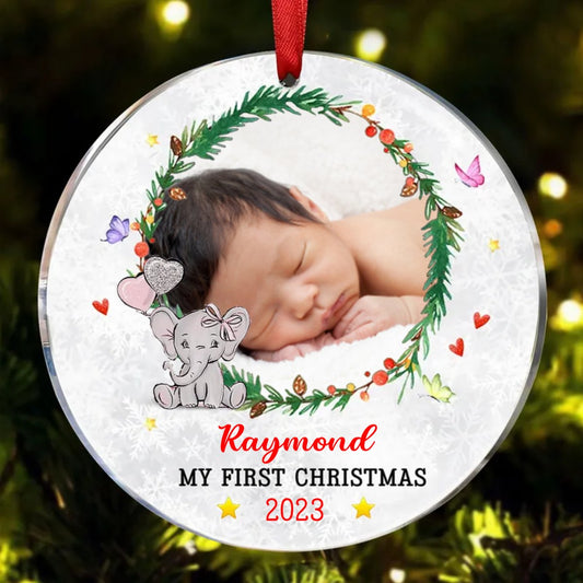 Family - Baby's First Christmas Elephant - Personalized Circle Ornament - Makezbright Gifts