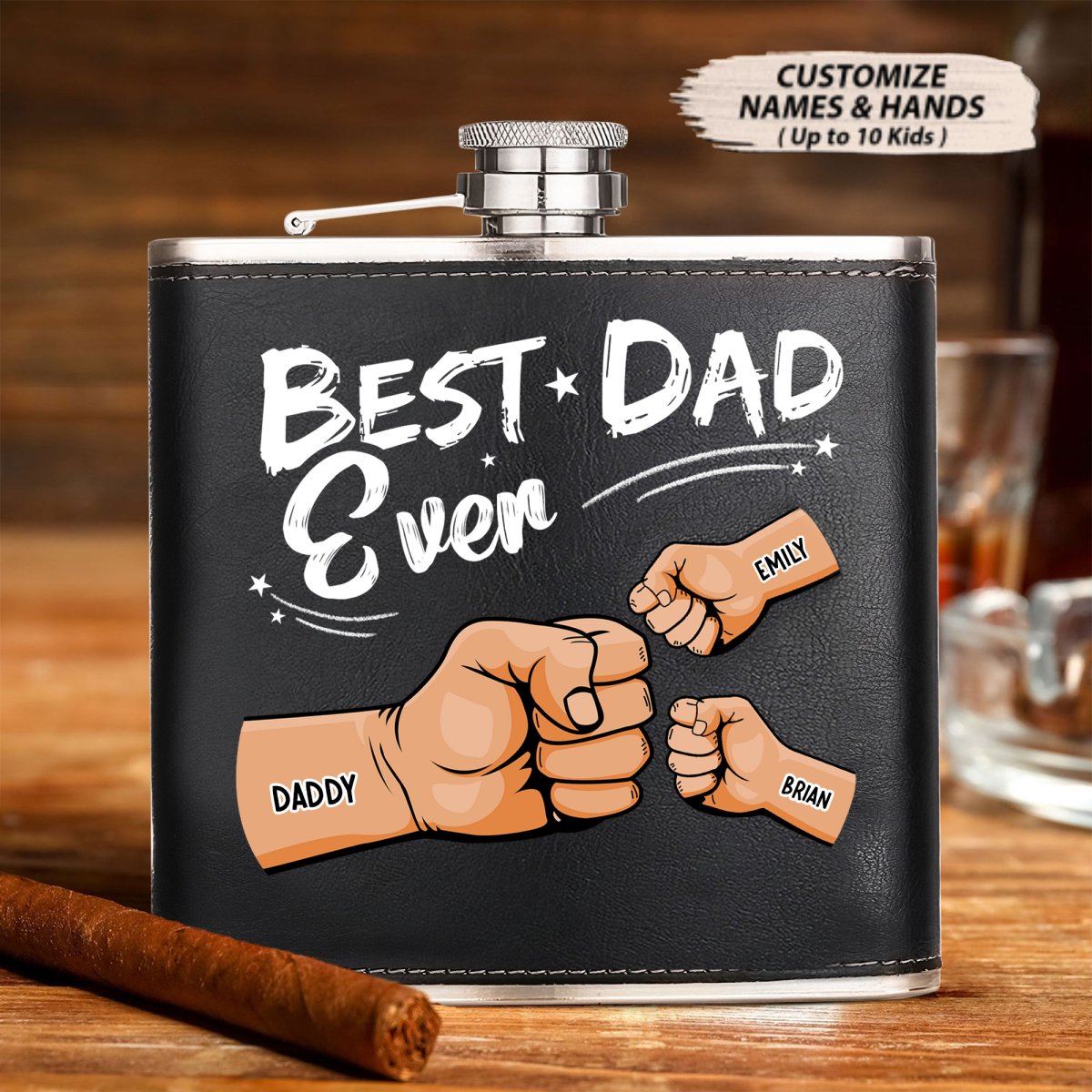 Family - Best Dad Ever - Personalized Leather Flask - Makezbright Gifts