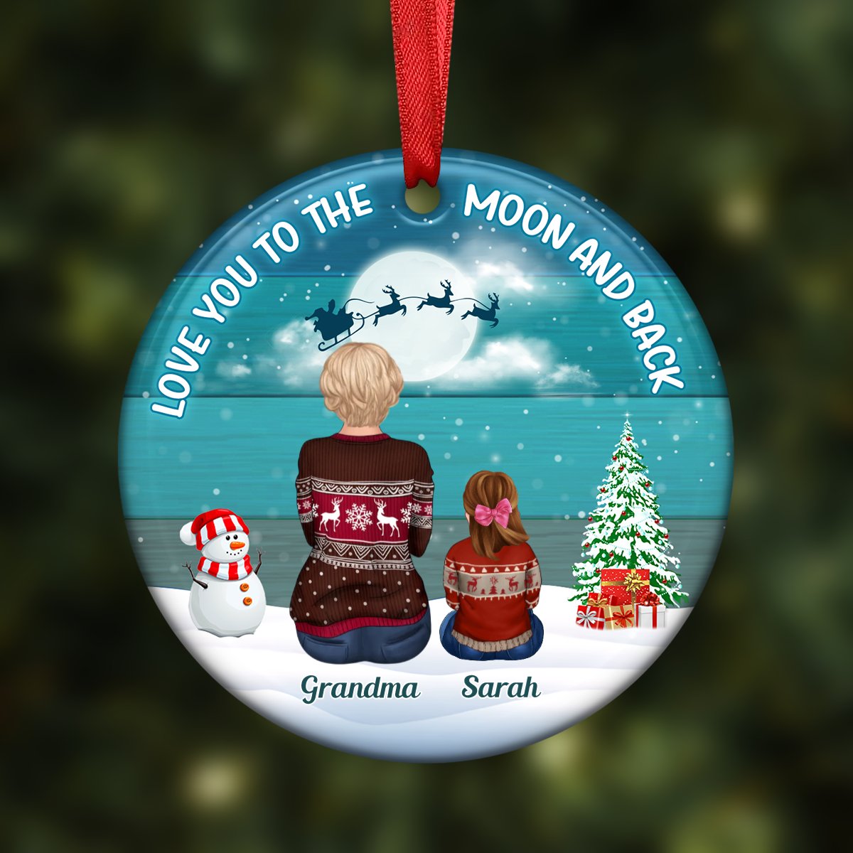 Family - Blue Palette Moon Grandma & Grandkids Back View - Personalized Circle Ornament - Makezbright Gifts