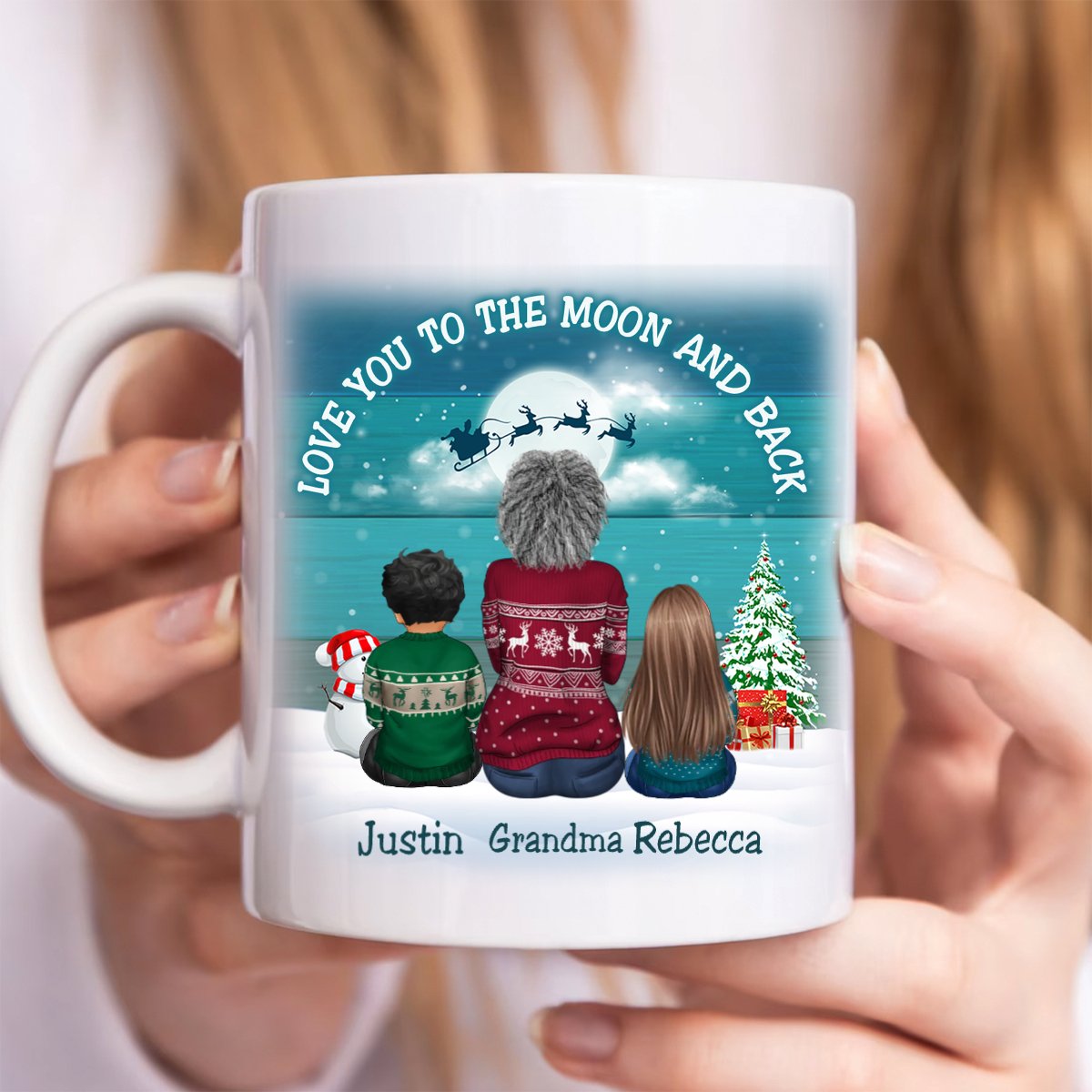 Family - Blue Palette Moon Grandma & Grandkids Back View - Personalized Mug (LH) - Makezbright Gifts