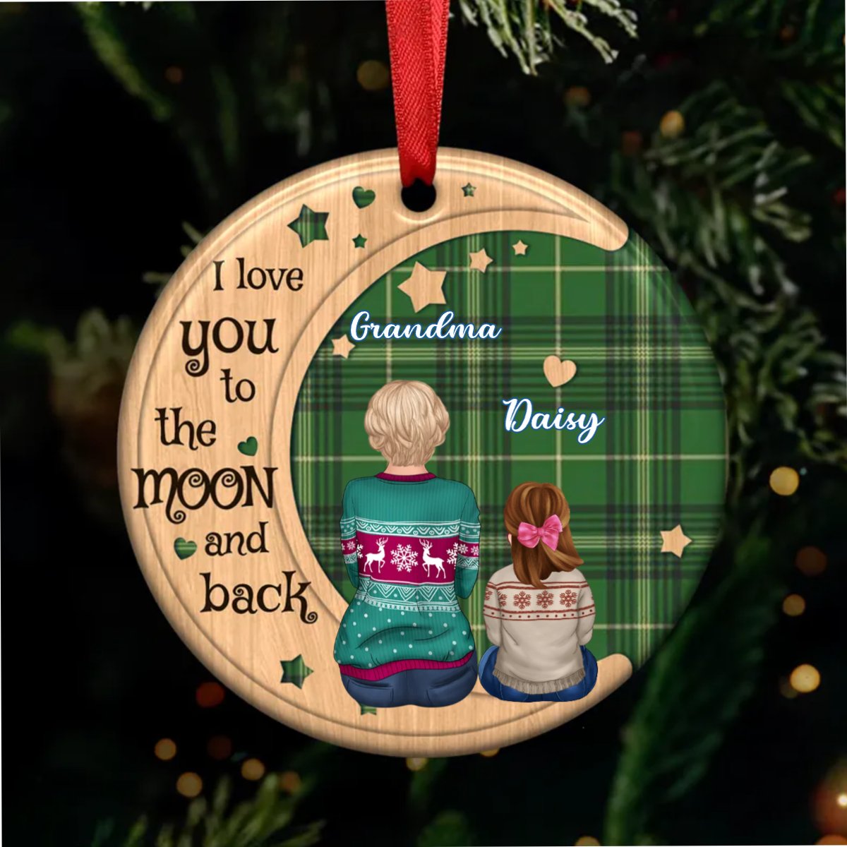 Family - Checkered Pattern Doll Grandma & Grandkid On Moon - Personalized Circle Ornament - Makezbright Gifts