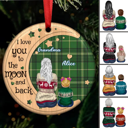 Family - Checkered Pattern Doll Grandma & Grandkid On Moon - Personalized Circle Ornament - Makezbright Gifts