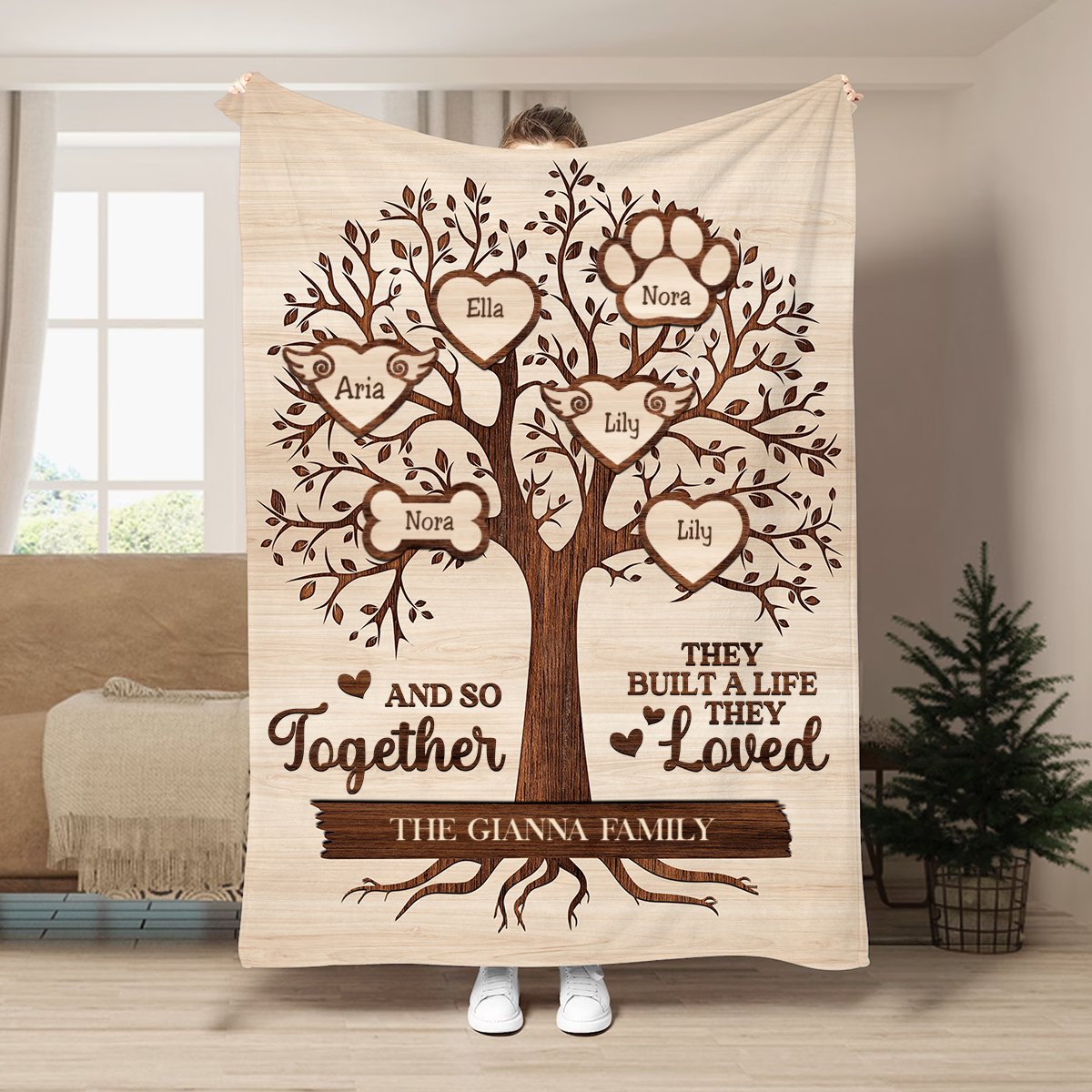 Family - Christmas Family Tree And So Together They Built A Life They Loved - Personalized Blanket (BU) - Makezbright Gifts