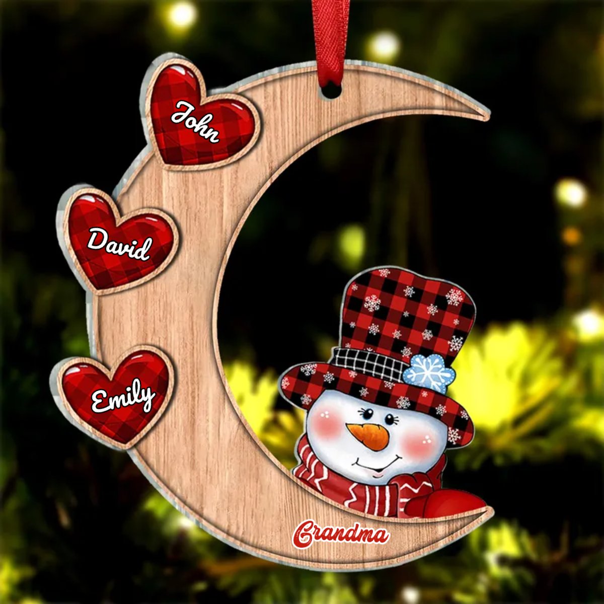 Family - Christmas Snowman Grandma Sweet Heart Kids On The Moon - Personalized Acrylic Ornament - Makezbright Gifts